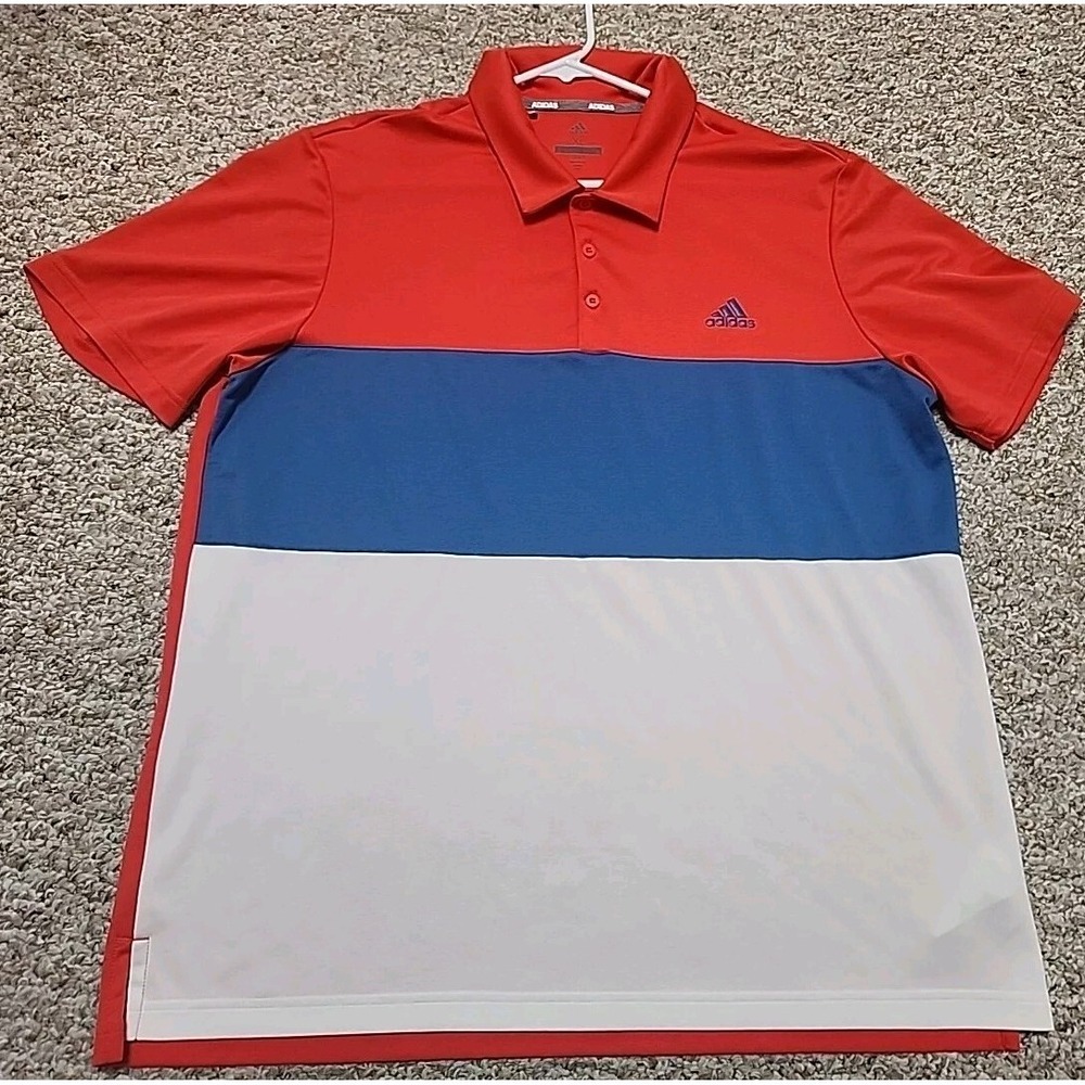 Adidas Golf Polo Shirt Mens XL Polo Red White Blue Short‎ Sleeve Pullover